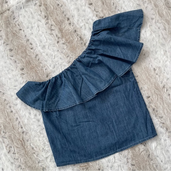Gap One-Shoulder Blue denim Ruffle Top (Medium Wash) Size X-Small - Picture 6 of 7